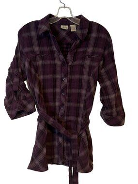 Tunic Top Size XL Vintage DCC Missy Purple Plaid 3/4 Sleeves Tie Waist Relaxed J